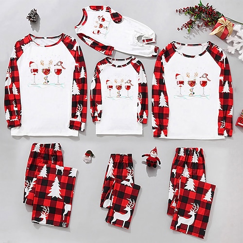 

Christmas Pajamas Family Plaid Letter Elk Home Black Wine Light Brown Long Sleeve Basic Matching Outfits