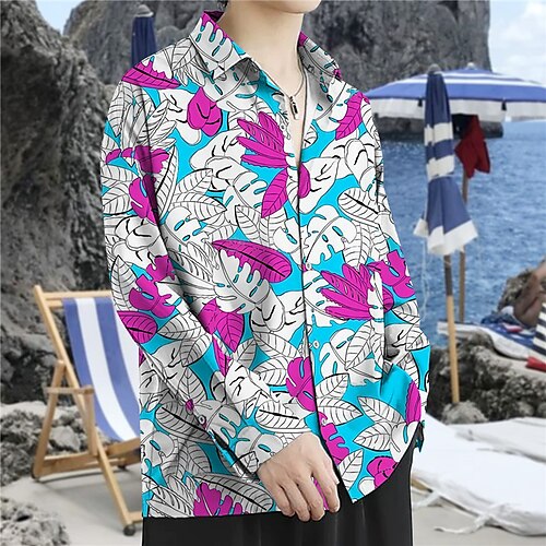 

Men's Shirt Graphic Prints Leaves Turndown Blue Yellow 3D Print Street Casual Long Sleeve Button-Down Print Clothing Apparel Tropical Casual Hawaiian Soft