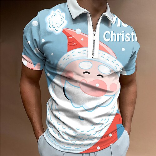 

Men's Collar Polo Shirt Golf Shirt Letter Santa Claus Graphic Prints Turndown Blue 3D Print Christmas Street Short Sleeves Zipper Print Clothing Apparel Fashion Designer Casual Breathable