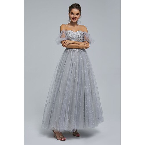 

Linea-A Abiti da ballo Da principessa Vestito Festa dei 15 anni Lunghezza tè Manica corta Senza spalline Tulle con Lustrini Con applique 2023