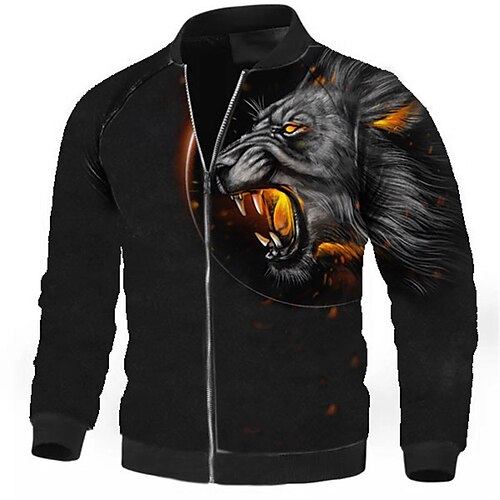 

Men's Coat Warm Sports & Outdoor Zipper Animal Lion Graphic Prints 3D Printed Graphic Standing Collar Fashion Jacket Outerwear Long Sleeve Zipper Fall & Winter