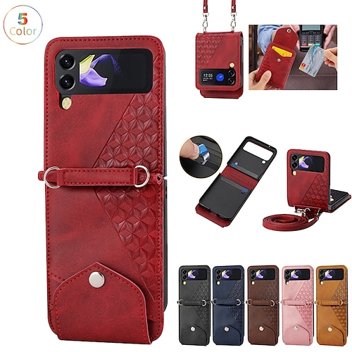 

Phone Case For Samsung Galaxy Handbag Purse Flip Z Flip 4 Z Flip 3 Flip with Removable Cross Body Strap Card Holder Slots Solid Colored Geometric Pattern PU Leather