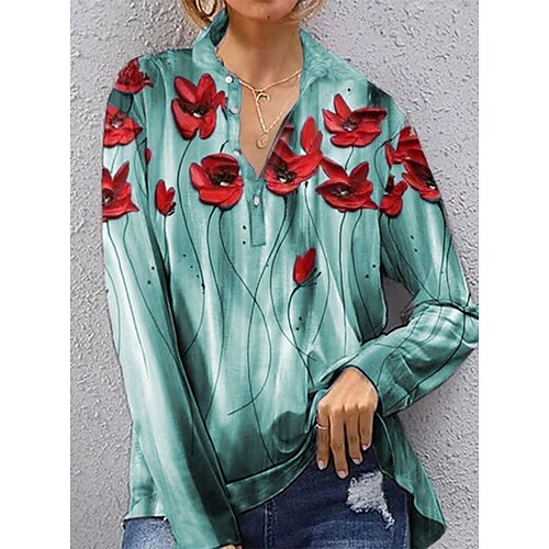 

Women's Blouse Shirt Green Black Blue Floral Button Print Long Sleeve Casual Daily Basic Shirt Collar Regular Floral S