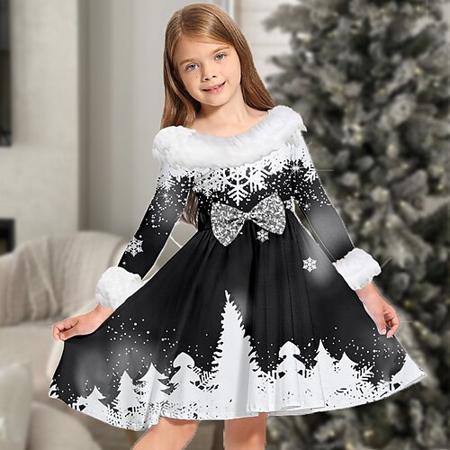 

Kids Girls' Christmas Dress Christmas Tree Casual Dress Above Knee Dress Christmas Gifts Fur Trim Crew Neck Long Sleeve Adorable Dress 2-13 Years Winter Black