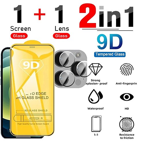 

9D Tempered Glass Screen Protector For Apple iPhone 14 Pro Max iPhone 13 Pro Max 12 Mini 11 Screen Protector Camera Lens Protector Tempered Glass High Definition (HD) 9H Hardness Ultra Thin Phone
