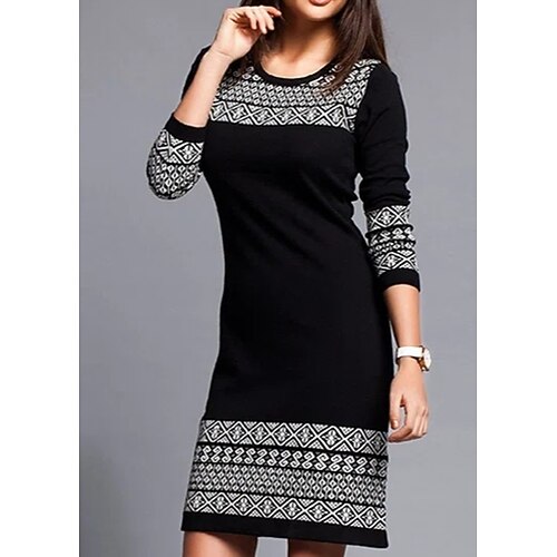 

Women's Sheath Dress Black Dress Mini Dress Black Long Sleeve Print Winter Fall Autumn Crew Neck Modern Daily 2022 S M L XL 2XL 3XL