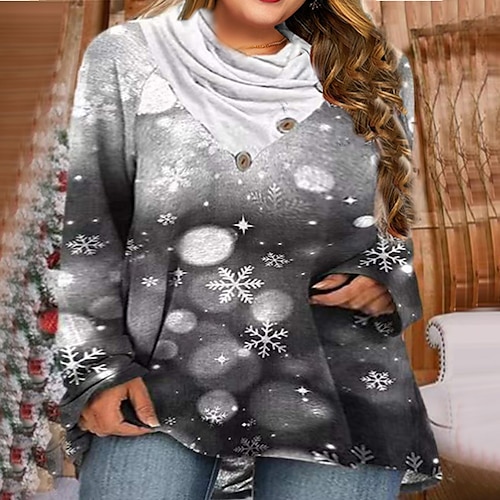 

Women's Plus Size Christmas Tops T shirt Tee Snowflake Button Print Long Sleeve Cowl Neck Casual Holiday Festival Daily Polyester Winter Fall Gray / Vacation / Weekend