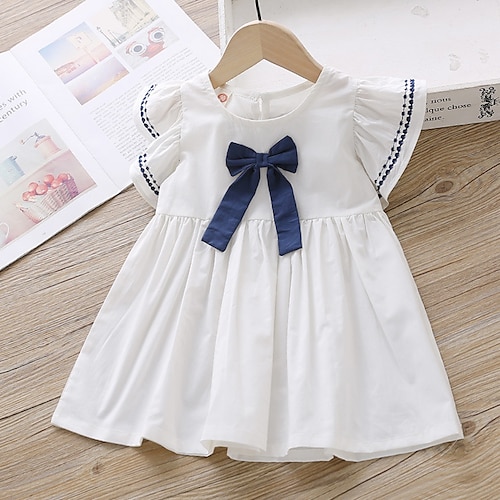 

Kids Girls' Dress Solid Colored A Line Dress Above Knee Dress Daily Ruched Cotton Short Sleeve Cute Dress 2-8 Years Summer Blue Pink White