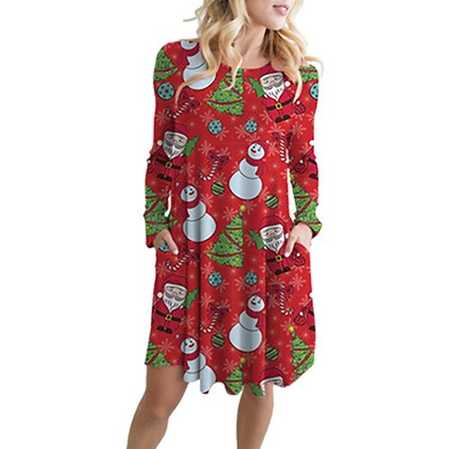 

Women's Christmas Shift Dress Mini Dress Green Black Blue Long Sleeve Santa Claus Print Winter Fall Autumn Crew Neck 2022 S M L XL 2XL 3XL
