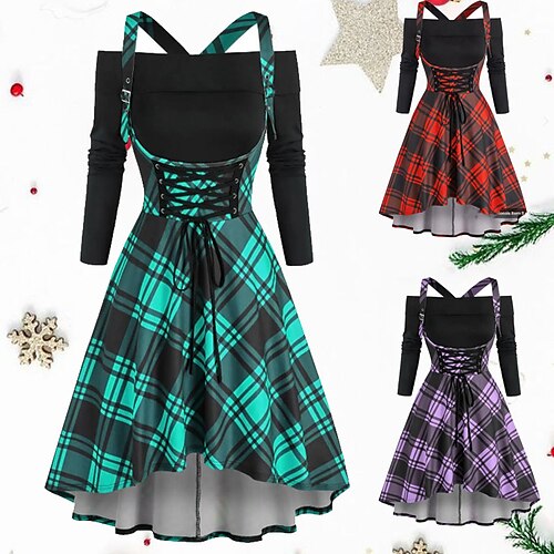 

Women's Christmas Tartan Dress Swing Dress Long Dress Maxi Dress Green Purple Red Long Sleeve Plaid Patchwork Plus High Low Winter Fall Off Shoulder Fashion Sexy 2022 S M L XL 2XL 3XL