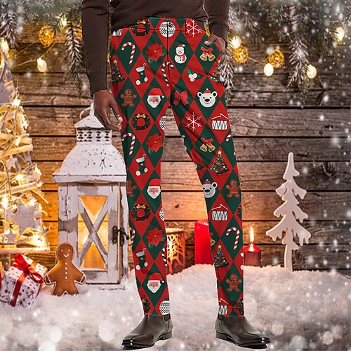 

Men's Christmas Pants Chinos Trousers Jogger Pants Print Cartoon Full Length Christmas Daily Casual Red Inelastic