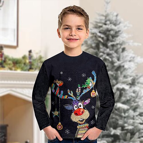 

Toddler Boys Christmas T shirt Tee Animal Elk Long Sleeve Crewneck Children Top Casual 3D Print Cute Daily Winter Fall Black 7-13 Years