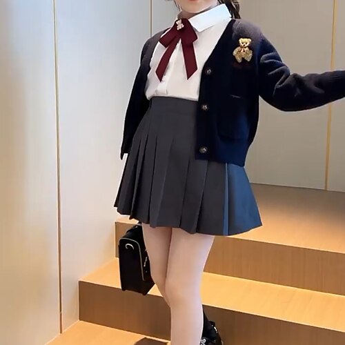 

3 Pieces Kids Girls' Cartoon Dress Suits Set Long Sleeve Cute School 7-13 Years Winter Navy Blue Gray
