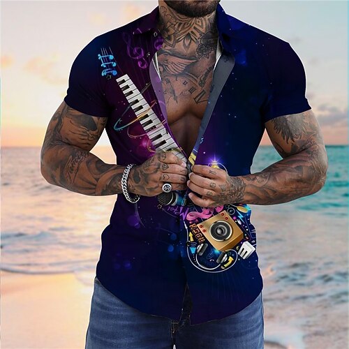 

Men's Shirt Graphic Prints Guitar Turndown Blue Wine 3D Print Outdoor Street Short Sleeves Button-Down Print Clothing Apparel Tropical Designer Casual Hawaiian