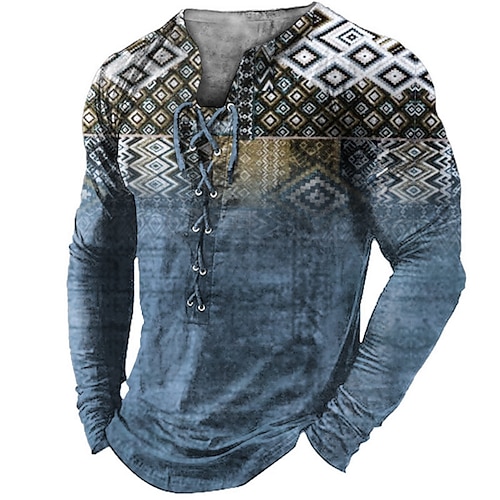 

Men's T shirt Tee Tee Graphic Color Block Collar Green Blue Purple Brown 3D Print Outdoor Street Long Sleeve Lace up Print Clothing Apparel Boho Designer Casual