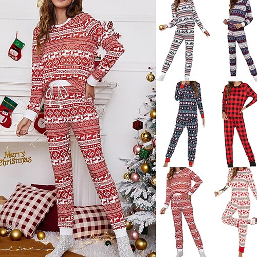 

Women's ChristmasPjs Pajamas Sets 2 Pieces Geometic Fashion Soft Party Home Daily Cotton Gift Crew Neck Long Sleeve T shirt Tee Pant Winter Fall Red Navy Blue / Print