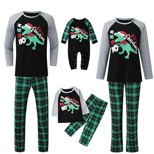 

Christmas Pajamas Family Plaid Letter Dinosaur Home Crewneck Black Long Sleeve Adorable Matching Outfits