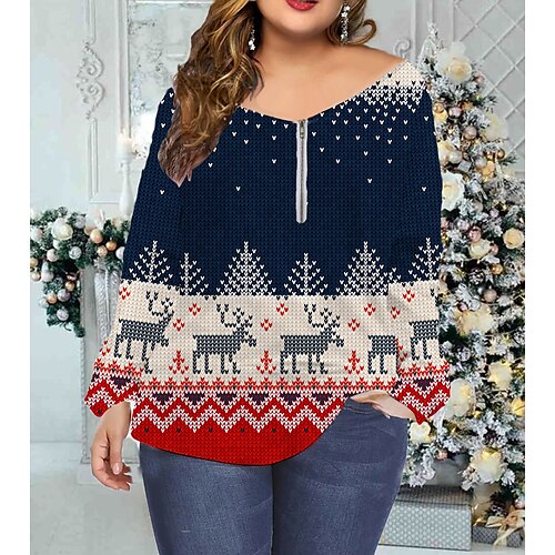 

Women's Plus Size Tops T shirt Tee Snowman Christmas Tree Print Long Sleeve V Neck Christmas Blue Red