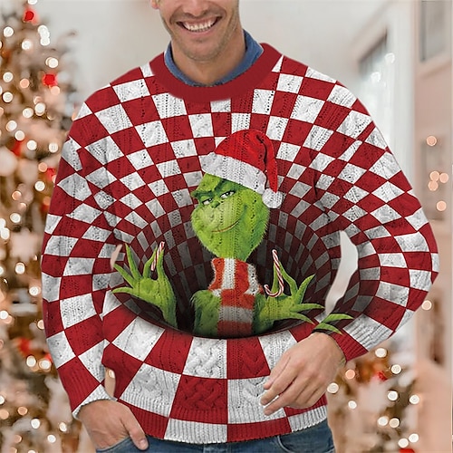 

Men's Sweater Ugly Sweater Pullover Ribbed Knit Cropped Knitted Elf Crew Neck Keep Warm Modern Contemporary Christmas Work Clothing Apparel Fall & Winter Green Black S M L
