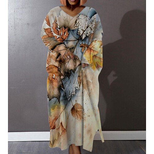 

Women's Plus Size Shift Dress Leaf V Neck Long Sleeve Winter Fall Stylish Modern Maxi long Dress Daily Holiday Dress