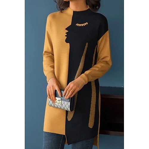 

Women's Casual Dress Shift Dress Mini Dress Yellow Long Sleeve Graphic Print Winter Fall Spring Stand Collar Stylish Vacation Weekend 2022 S M L XL XXL 3XL
