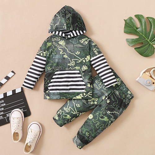 

2 Pieces Toddler Boys Hoodie & Pants Outfit Letter Dinosaur Long Sleeve Set Outdoor Fashion Daily Winter Fall 7-13 Years Green Black