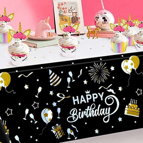 

PEVATablecloth Waterproof And Oil-proof Black Balloon Cartoon Birthday Festival Party Tablecloth