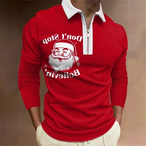 

Men's Collar Polo Shirt Golf Shirt Letter Santa Claus Graphic Prints Turndown Red 3D Print Christmas Street Long Sleeve Zipper Print Clothing Apparel Fashion Designer Casual Soft