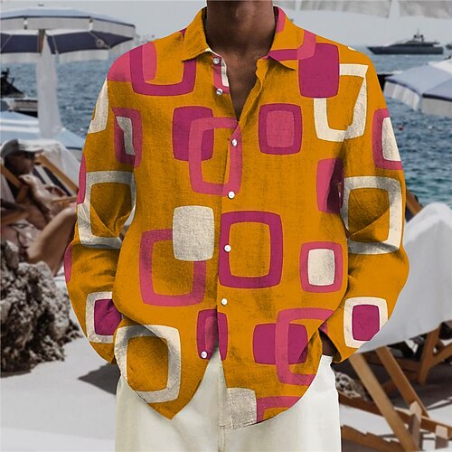 

Men's Shirt Graphic Prints Geometry Turndown Green Orange 3D Print Street Casual Long Sleeve Button-Down Print Clothing Apparel Tropical Casual Hawaiian Soft