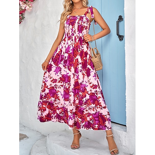 

robe fourreau femme robe swing robe florale robe longue robe maxi rose bleu violet sans manches volant tropical printemps été licou mode fête vacances 2023 s m l xl