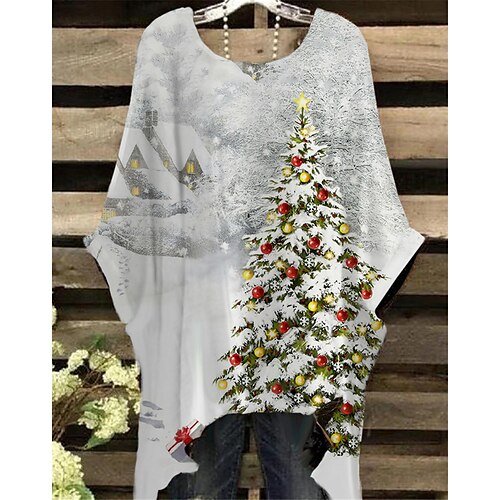 

Women's Plus Size Christmas Tops T shirt Tee Tree Snowflake Print Half Sleeve Crew Neck Casual Festival Daily Cotton Spandex Jersey Winter Fall Silver Gold