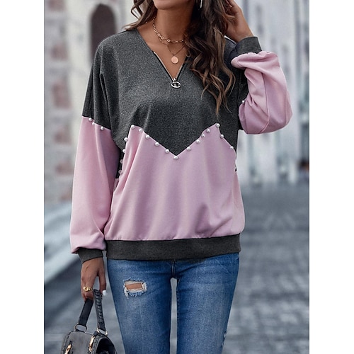 

Women's Sweatshirt Pullover Basic Zipper Pink Color Block Street V Neck Long Sleeve S M L XL