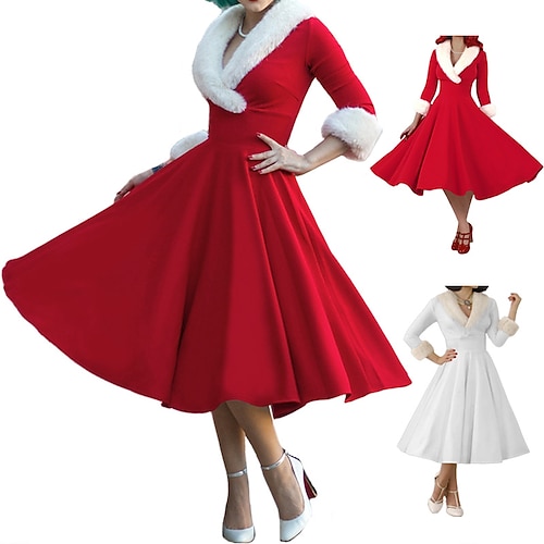 

Жен. Красное рождественское платье Винтажное платье Платье в стиле 50-х годов Платье средней длины Белый Красный Длинный рукав Полотняное плетение Пэчворк Осень Зима V-образный вырез Элегантный стиль