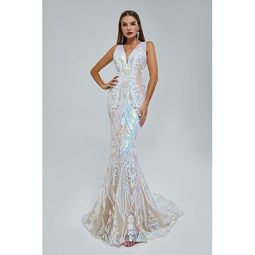 

Mermaid / Trumpet Evening Gown Elegant Dress Engagement Court Train Sleeveless V Neck Sequined with Sequin 2022