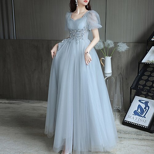 

A-Line Evening Gown Elegant Dress Party Wear Floor Length Short Sleeve Sweetheart Neckline Tulle with Beading Tier 2022