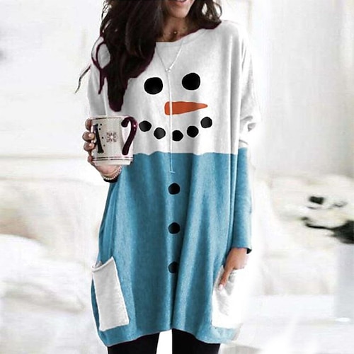 

Women's Shirt Striped black striped grey Blue Snowman Pocket Print Long Sleeve Christmas Holiday Casual Round Neck Long M