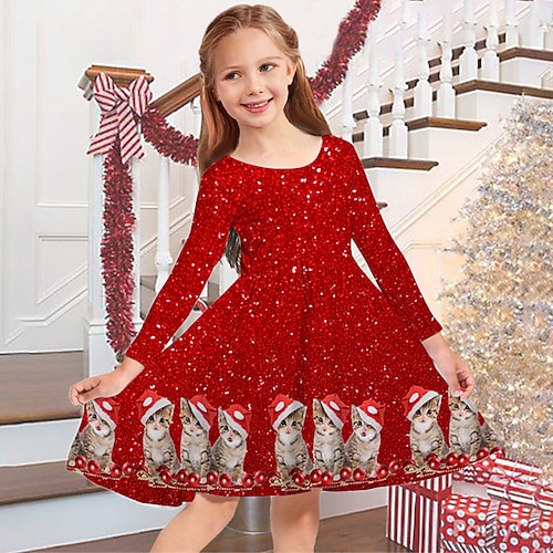 

Kids Girls' Christmas Dress Plaid Cat Elk Casual Dress Christmas Gifts Casual Wine Red Above Knee Long Sleeve Adorable Daily Dresses Christmas Winter Fall Regular Fit 2-13 Years