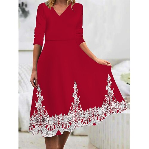 

Women's Casual Dress Swing Dress Midi Dress Black Red Long Sleeve Flower Print Winter Fall Spring V Neck Fashion Daily Weekend 2022 S M L XL 2XL 3XL 4XL 5XL 6XL