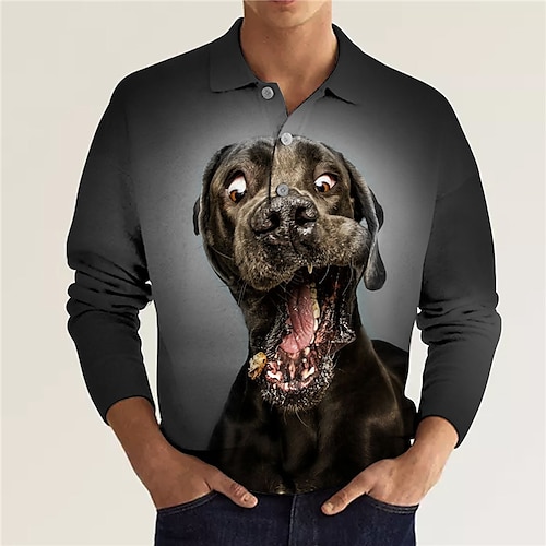 

Men's Polo Shirt Golf Shirt Animal Dog Graphic Prints Turndown Black Blue 3D Print Outdoor Street Long Sleeve Button-Down Print Clothing Apparel Fashion Designer Casual Soft