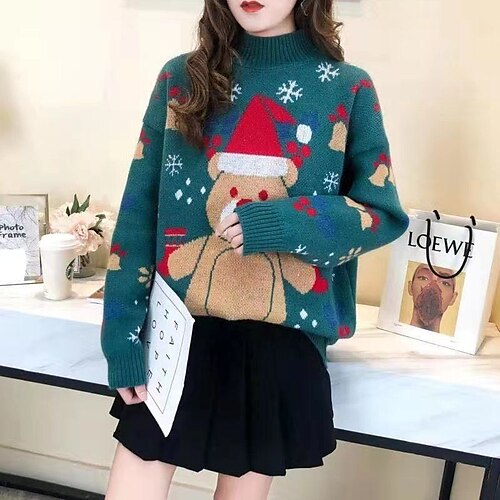 

Women's Ugly Christmas Sweater Pullover Sweater Jumper Ribbed Knit Knitted Animal Crew Neck Stylish Casual Outdoor Christmas Winter Fall Green Black One-Size