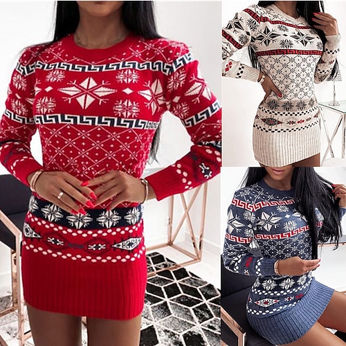 

Women's Christmas Sweater Dress Winter Dress Bodycon Blue Red Beige Long Sleeve Plaid Snowman Snowflake Ribbed Print Winter Fall Fashion Modern Fit 2022 S M L XL 2XL 3XL Sheath Dress