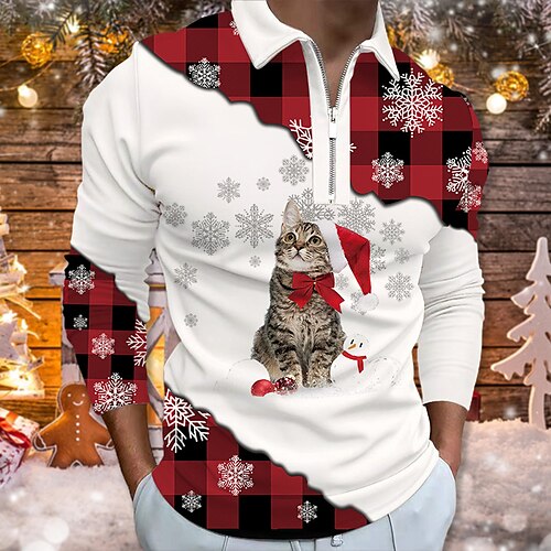 

Men's Christmas Golf Shirt 3D Print Cat Plaid Snowflake Zipper Print Long Sleeve Tops Sportswear Casual Fashion Comfortable Red / Fall / Winter