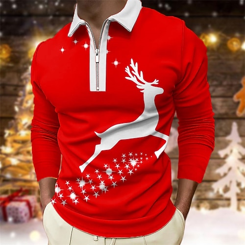 

Men's Collar Polo Shirt Golf Shirt Animal Elk Graphic Prints Turndown Red 3D Print Christmas Street Long Sleeve Zipper Print Clothing Apparel Fashion Designer Casual Soft