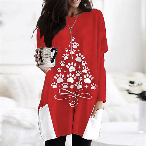 

Women's Christmas Casual Dress T Shirt Dress Tee Dress Mini Dress Wine Long Sleeve Tree Pocket Print Winter Fall Crew Neck Vacation Casual 2022 S M L XL XXL 3XL