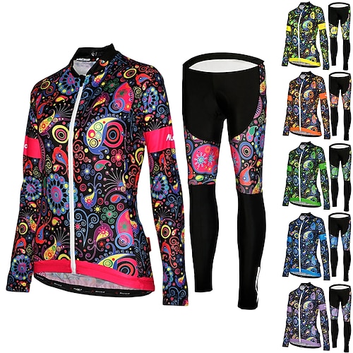 

Women's Long Sleeve Cycling Jersey with Tights Winter Mesh Lycra Polyester Green Black Purple Floral Botanical Funny Bike Jersey Tights UV Resistant 3D Pad Breathable Quick Dry Reflective Strips