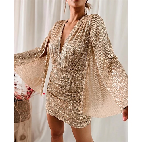 

Women's Party Dress Sequin Dress Bodycon Mini Dress Silver Gold Red Long Sleeve Pure Color Sequins Winter Fall Spring Deep V Fashion 2022 S M L XL