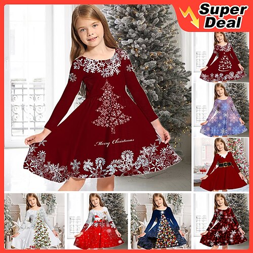 

Kids Girls' Christmas Dress Christmas Tree Snowflake Elk Santa Claus Casual Dress Above Knee Dress Party Dress Christmas Gifts Crewneck Long Sleeve Adorable Dress 2-13 Years Winter Dress