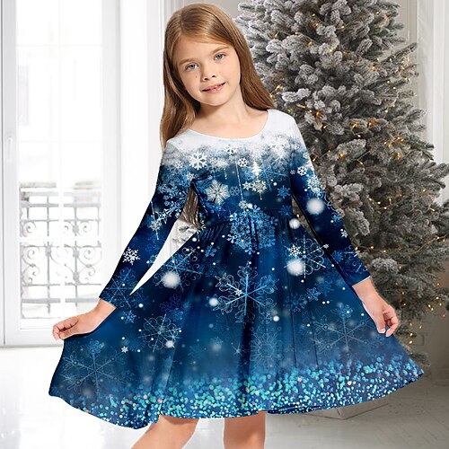 

Kids Girls' Christmas Dress Snowflake Casual Dress Above Knee Dress Christmas Gifts Crewneck Long Sleeve Adorable Dress 2-13 Years Winter Green Blue Purple