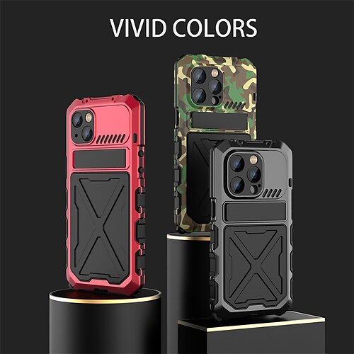 

Phone Case For Apple Full Body Case iPhone 14 Pro Max Portable with Stand Dustproof Camouflage Geometric Pattern Aluminum Alloy Silica Gel Tempered Glass