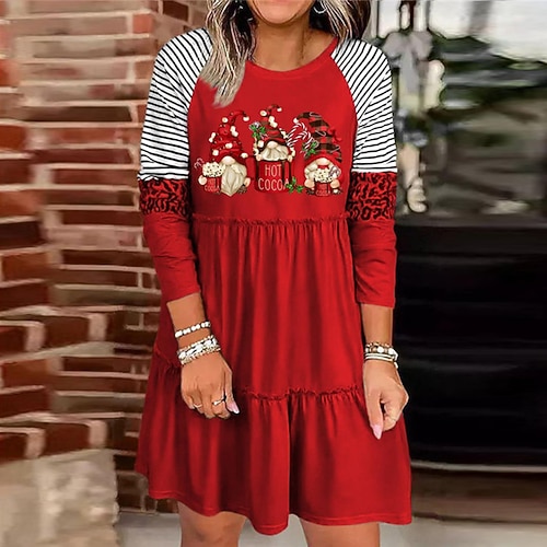 

Women's Christmas Casual Dress Shift Dress Mini Dress Black Wine Light Red Long Sleeve Letter Ruffle Winter Fall Autumn Crew Neck Vacation 2022 S M L XL XXL 3XL 4XL 5XL / Striped / Print